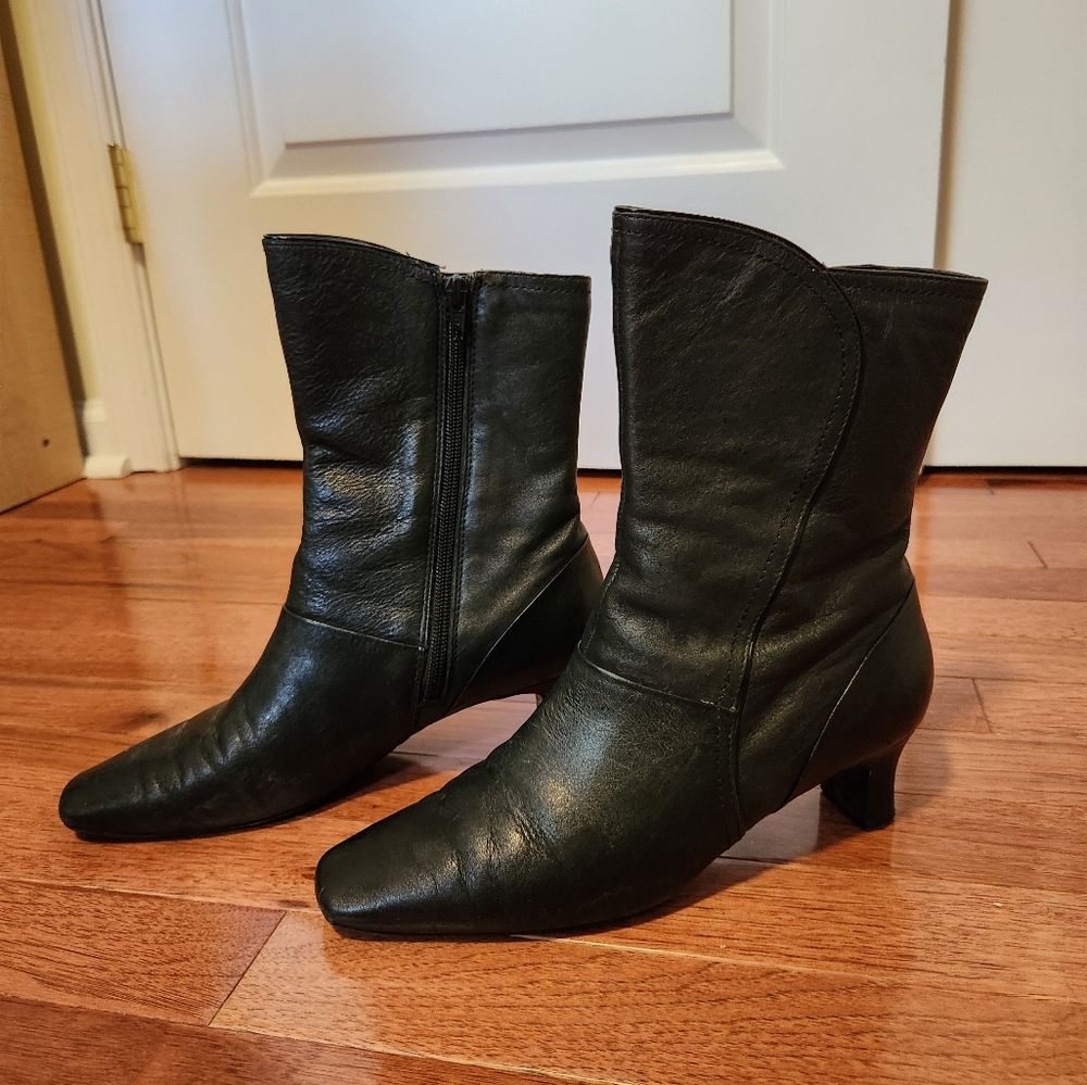 Black Leather Heeled Ankle Boots Thin Heel